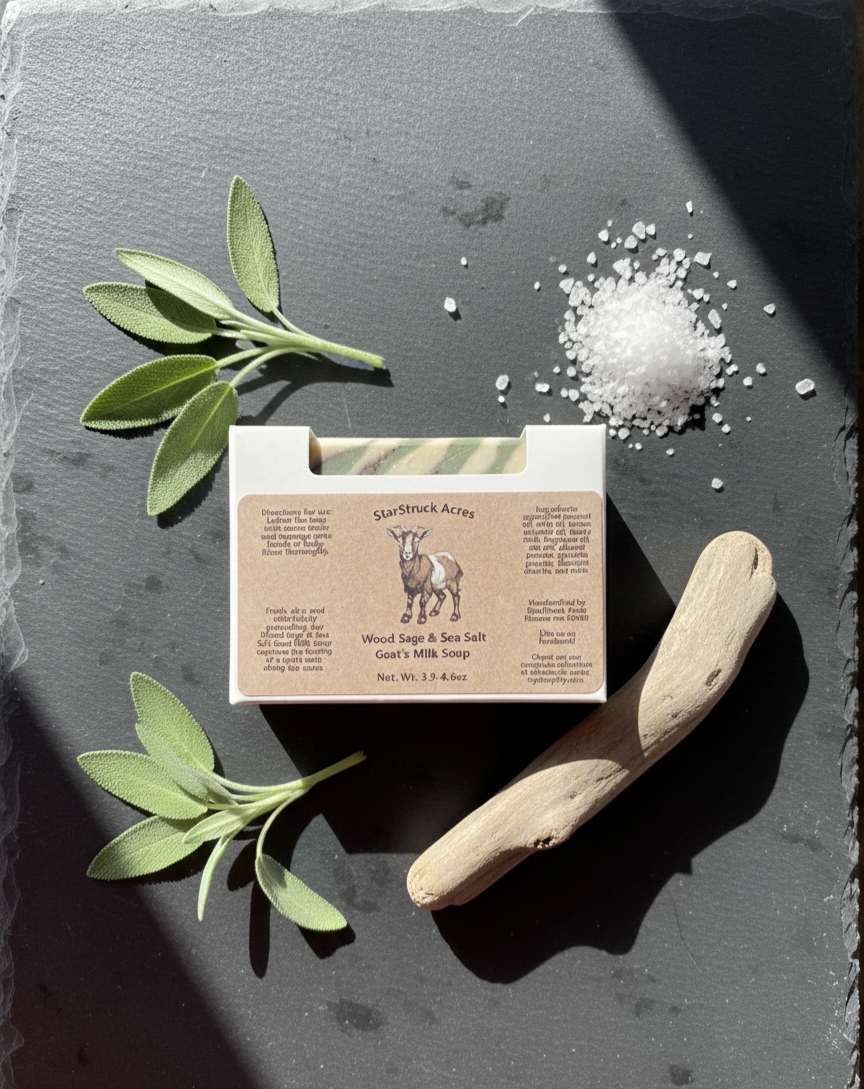 Wood Sage & Sea Salt Goat Milk Soap – Natural Artisan Bar with Tallow, Spirulina & Alkanet Powder