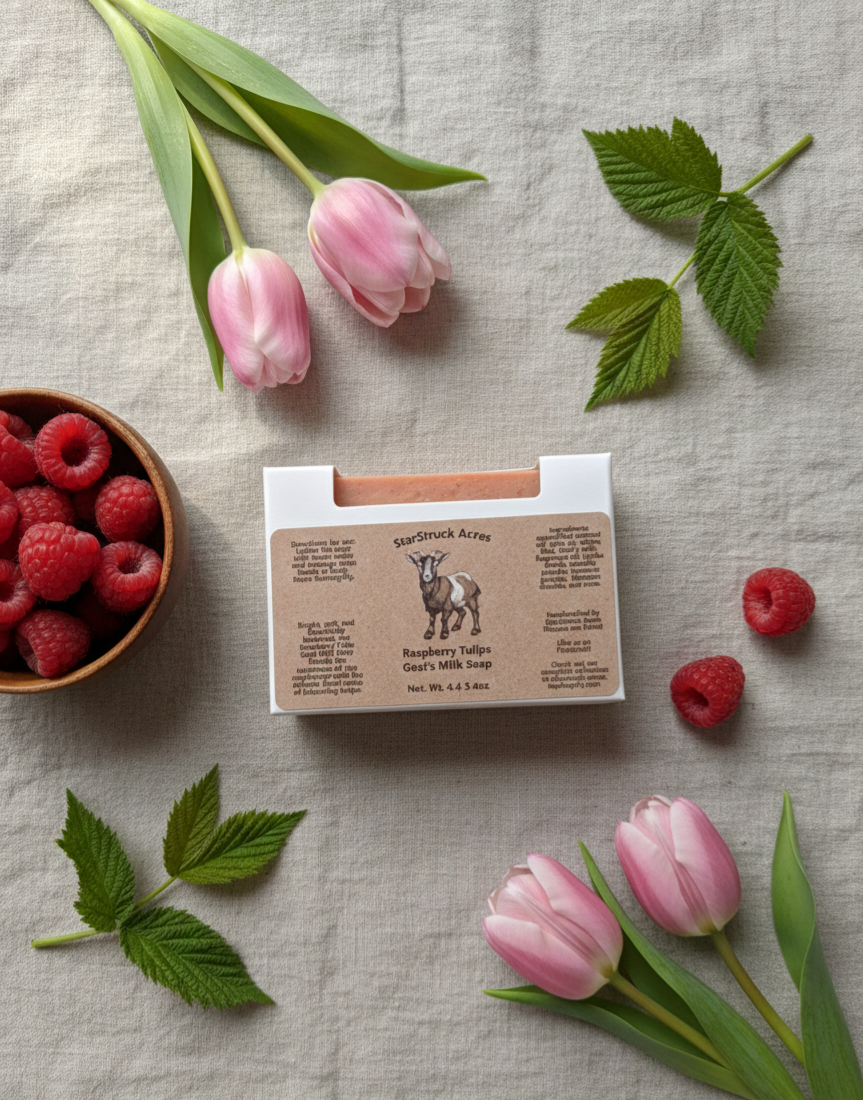 Raspberry Tulips Goat Milk Soap – Award-Winning Natural Bar with Tallow, Jojoba Beads