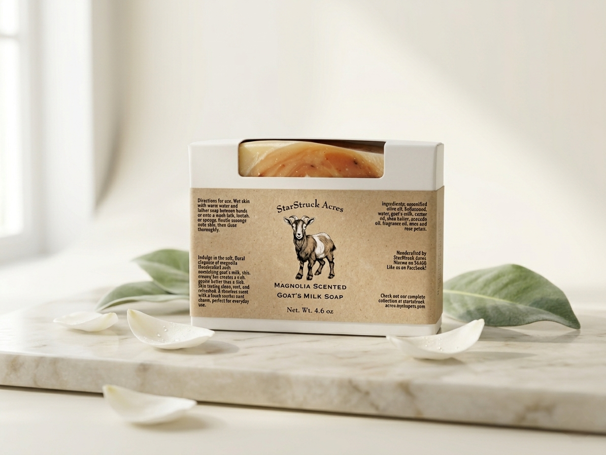StarStruck Acres Magnolia Goat's Milk Soap in spa packaging with magnolia petals on marble